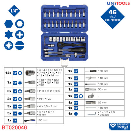 Bộ tay vặn khẩu Brilliant-Tools 1/4'', 46 pcs BT020046