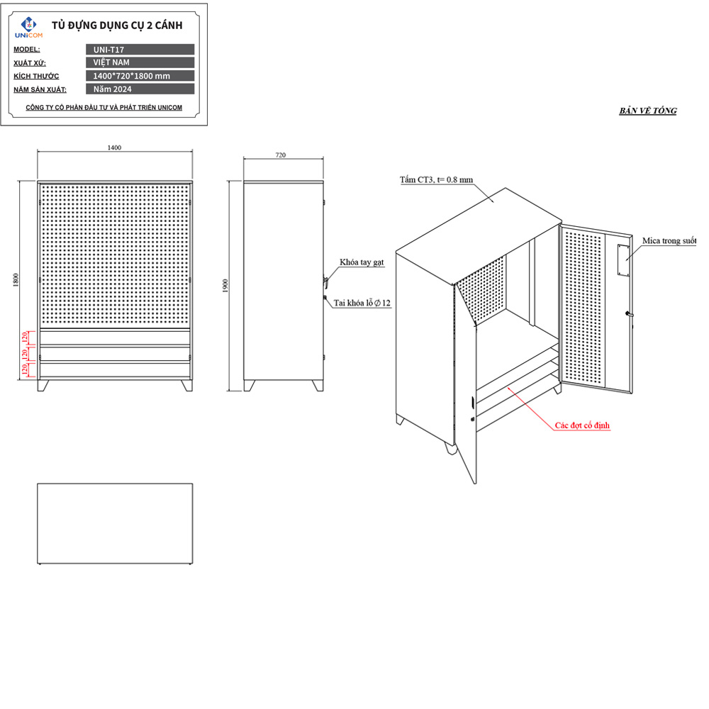 Bảng vẽ thông số kỹ thuật tủ dụng cụ Uni-T17