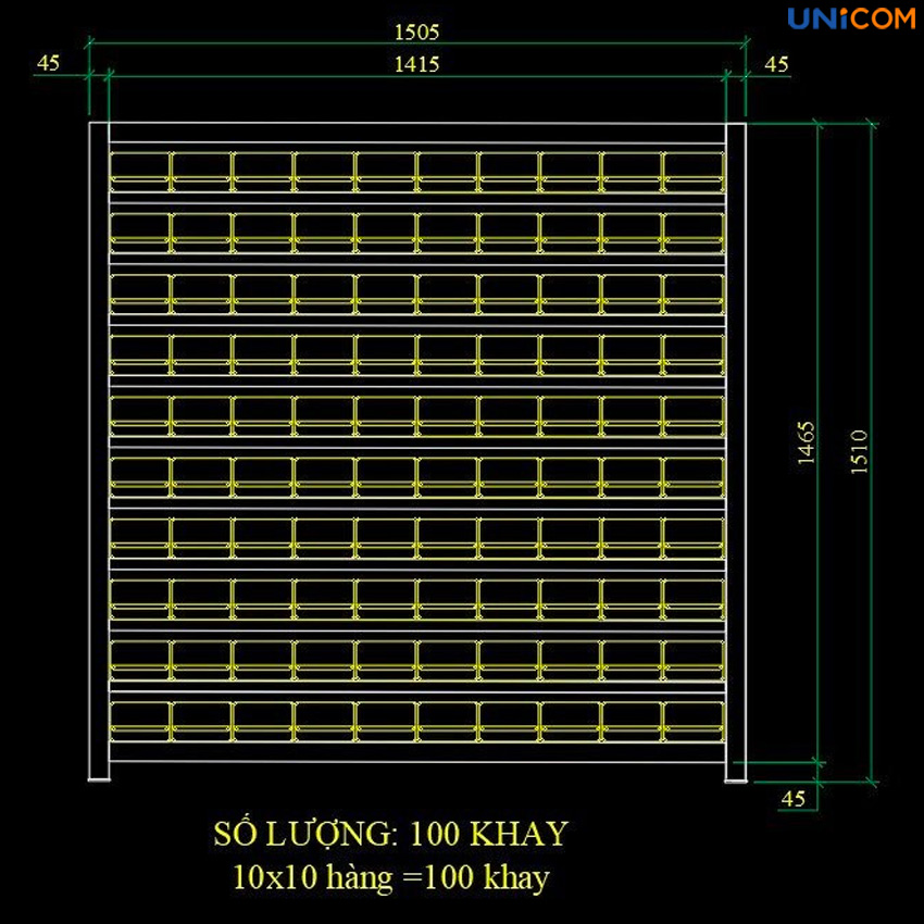 Thông số kỹ thuật bản vẽ tủ đựng linh kiện 100 ngăn UNI-100