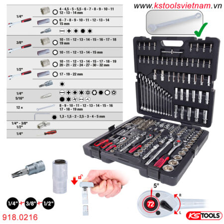 Bộ tuýp đa năng 216 món 1/4 | 3/8 | 1/2 inch KS Tools 918.0216