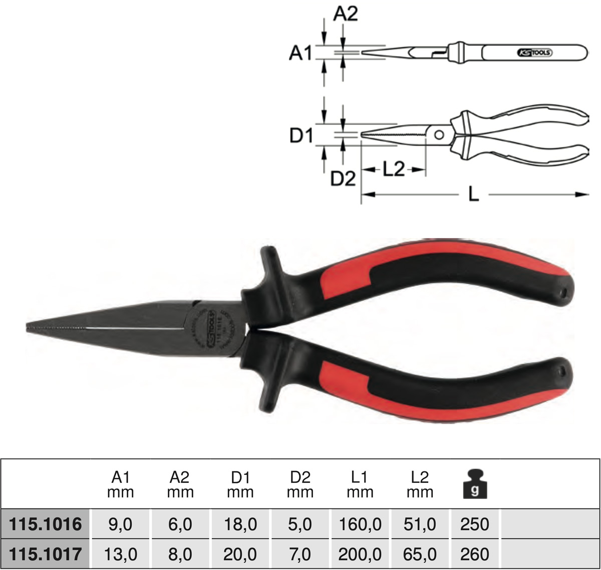 Kìm mũi dẹt đầu bằng 200 mm 115.1017 KS Tools