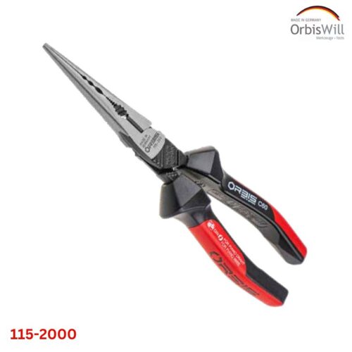 Kìm mỏ nhọn ORBIS 115-2000/26RR heavy-duty, đáp ứng chuẩn DIN ISO 5743. Chiều dài kìm là 200mm (8 inch), trọng lượng 220g. Ứng dụng để kẹp ống, cắt dây cứng và mềm, kẹp tấm trong phạm vi cho phép. Sản xuất tại CHLB Đức. Dòng kềm mũi nhọn này có 6 biến thể cán 2622 – 26RR – 3SM2 – 35RR – 40RV VDE – 44RV VDE Đặc tính kỹ thuật Tay cầm được thiết kế chữ S tối ưu về mặt cầm nắm, có ngấn chống tuột an toàn ở trước. Cán 2 thành phần đỏ – đen chủ đạo, nhựa đen giúp bám tay. Vật liệu kìm bằng thép cao cấp, bề mặt mạ crom mờ. Mũi kìm mỏng và bo tròn, kết hợp với khớp nối đặc biệt giúp truyền lực tốt hơn 30%. Mặt trong lưỡi dạng tròn nhiều kích cỡ có thể kẹp dễ dàng các phôi tròn như ống đồng, ren, cáp mà không làm hỏng chúng. Phần răng cưa dạng 4 điểm giúp độ bám chắc, cải thiện khả năng giữ các bộ phận phẳng. Lưỡi cắt được tôi cứng, chống mài mòn và tăng độ cứng, cắt không để lại dấu. Thông số kỹ thuật Loại đa năng, mũi thẳng, cán bọc nhựa cứng 2 thành phần. Cắt vật liệu mềm MH: Ø2.8mm Cắt vật liệu cứng trung bình H: Ø1.8mm Cắt vật liệu cứng P: Ø1.2mm Chiều dài tổng: 200mm Tiêu chuẩn: DIN ISO 5743 Cán nhựa 2 thành phần đỏ – đen Có ngáng an toàn, chống tuột tay về phía mũi. Vật liệu: thép cao cấp, bề mặt phủ crome si mờ. Trọng lượng: 220g Xuất xứ: Made in Germany.