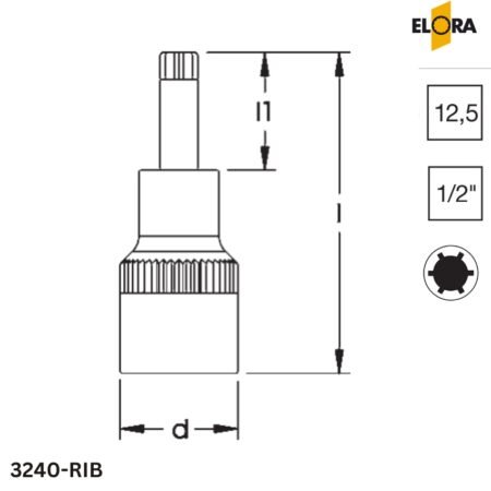 ELORA 3240-RIB Đầu tuýp lỗ vuông 1/2 inch