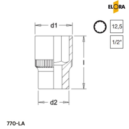 ELORA 770-LA Đầu tuýp 12 cạnh, 1/2 inch
