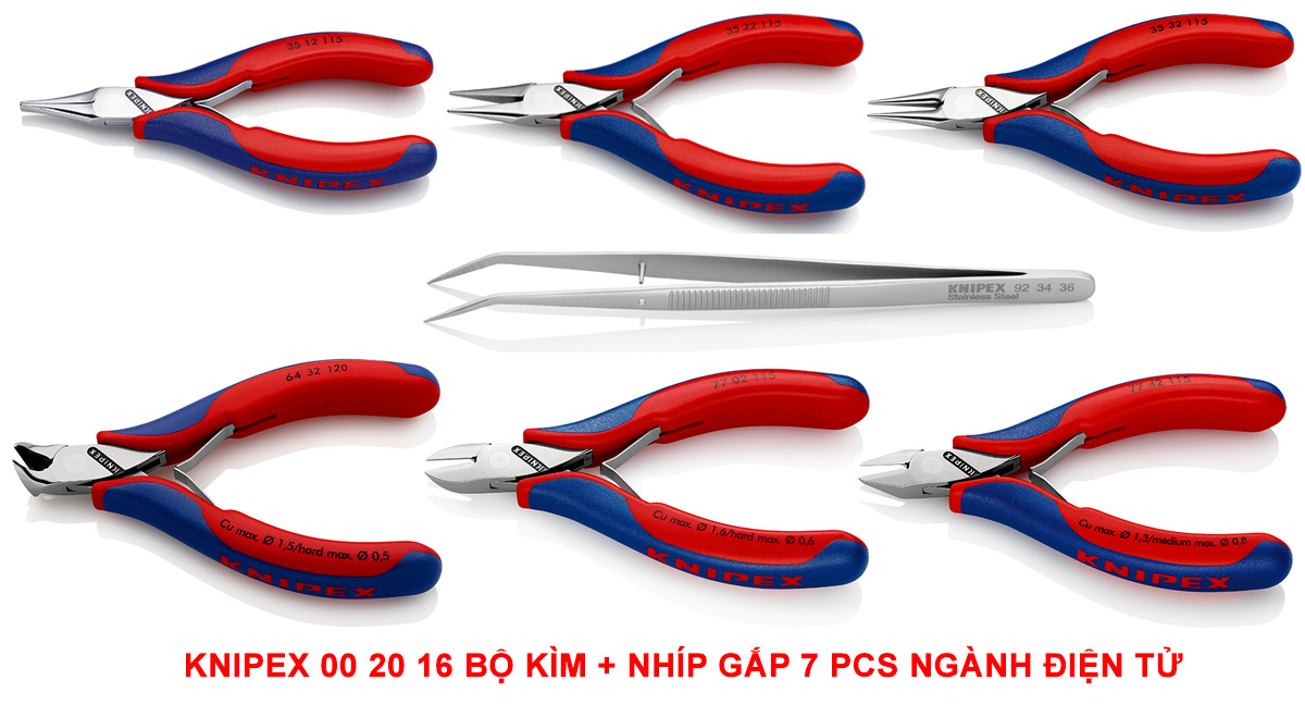 chi tiết Knipex 00 20 16 Bộ Kìm + nhíp gắp 7 pcs ngành điện tử