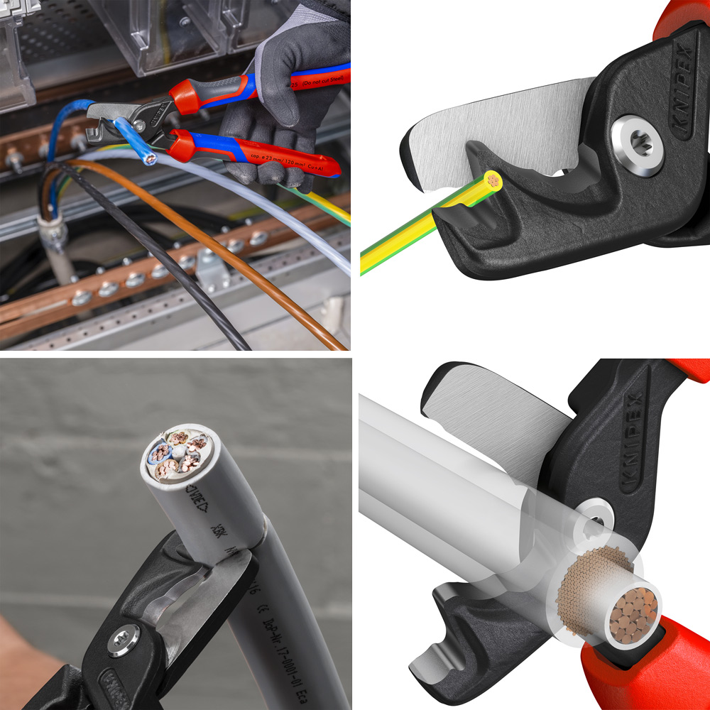 KNIPEX 95 12 225 ứng dụng Kìm cắt cáp OD 23mm StepCut® XL