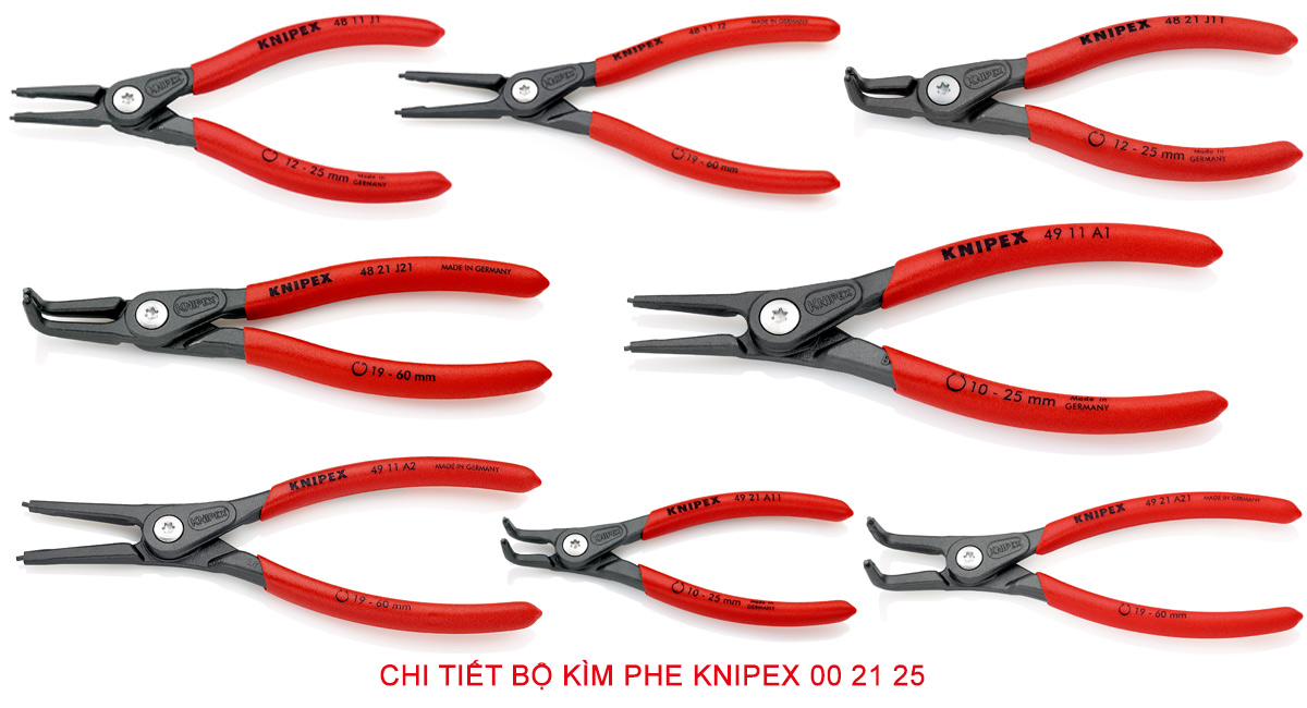 chi tiết Bộ kìm phe Knipex 00 21 25 mở trong ngoài 12 - 60 mm