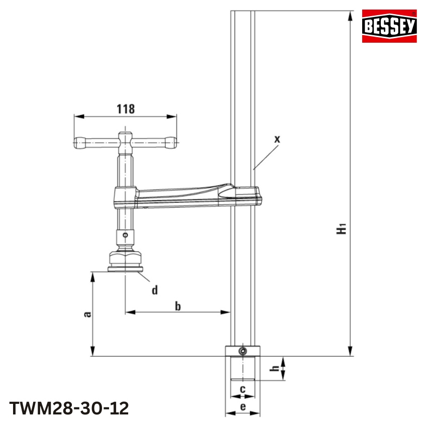 thông số Kẹp phôi bàn hàn, lực kẹp 5000N BESSEY TWM28-30-12
