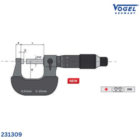 thôn số Panme cơ đo ngoài Vogel 231309, từ 0-25mm, sơn tĩnh điện màu đen