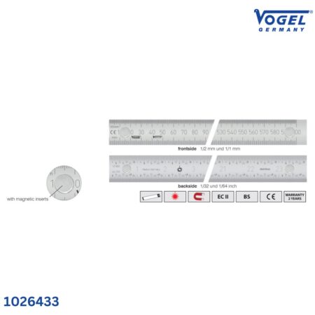 thông số Thước lá bản rộng Vogel 1026433, từ tính, vạch chia mm/inch trước sau