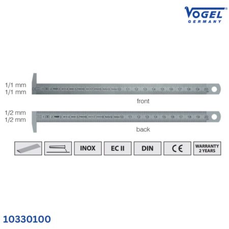 thông số Thước lá inox có ngàm móc 90 độ Vogel 10330100, vạch chia khắc 2 mặt