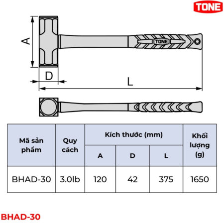 TONE BHAD-30 Búa đầu đôi 3.0 lb thông số
