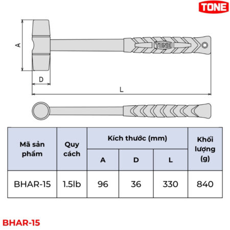 TONE BHAR-15 Búa đồng thau 1.5 lb thông số