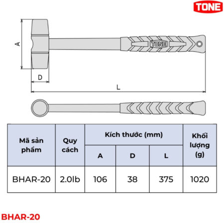 TONE BHAR-20 Búa đồng thau 2.0 lb thông số