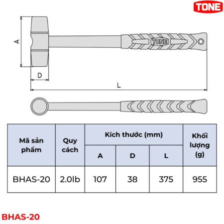 TONE BHAS-20 Búa sắt mềm 2.0 lb thông số
