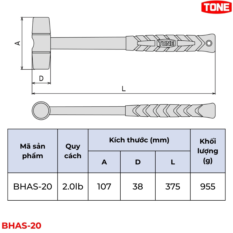 TONE BHAS-20 Búa sắt mềm 2.0 lb thông số