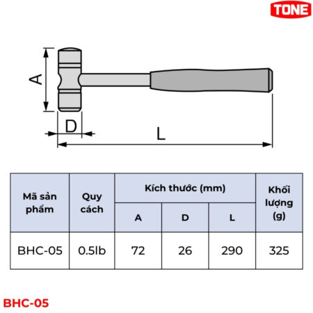 TONE-BHC-05-Bua-ket-hop-dau-thep-nhua-Urethane-0.5-lb-thong-so