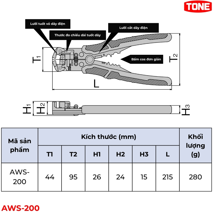 TONE AWS-200 Kìm tuốt dây tự động thông số