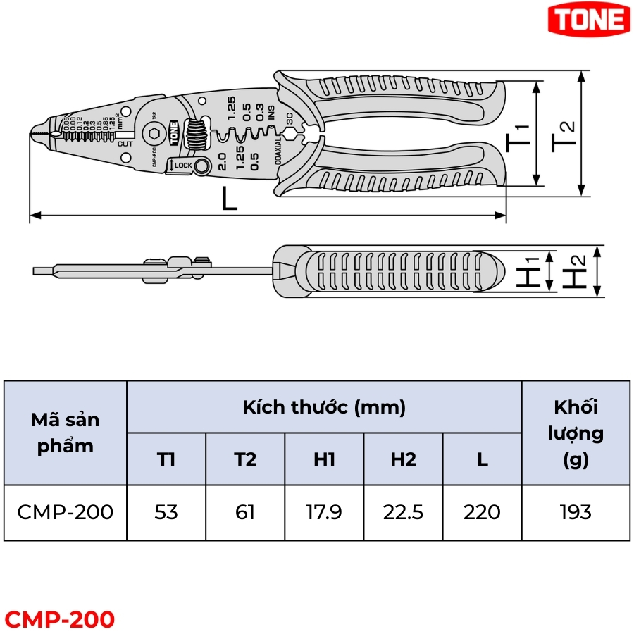 TONE CMP-200 Kìm điện đa năng thông số