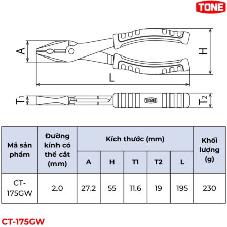 TONE CT-175GW Kìm răng đa năng chống trượt thông số