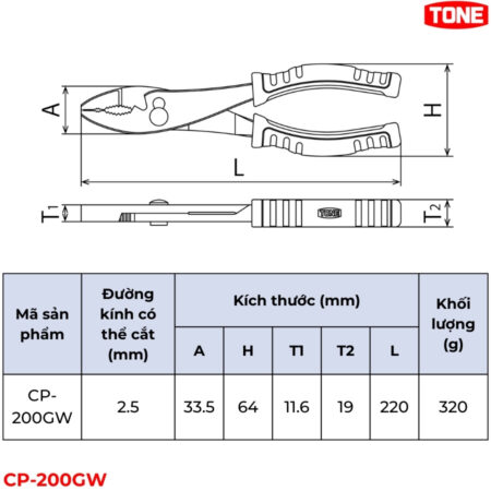 TONE CP-200GW Kìm đa năng chống trượt loại mỏng thông số