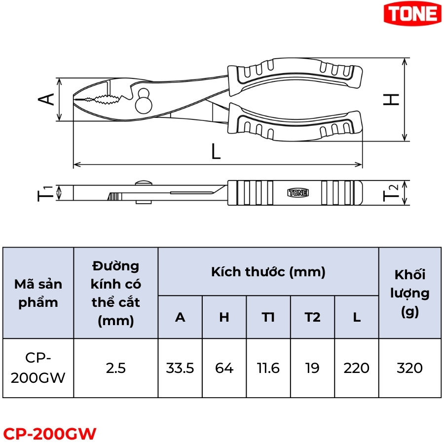 TONE CP-200GW Kìm đa năng chống trượt loại mỏng thông số