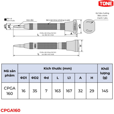 TONE CPGA160 Đột lấy dấu tự động thông số