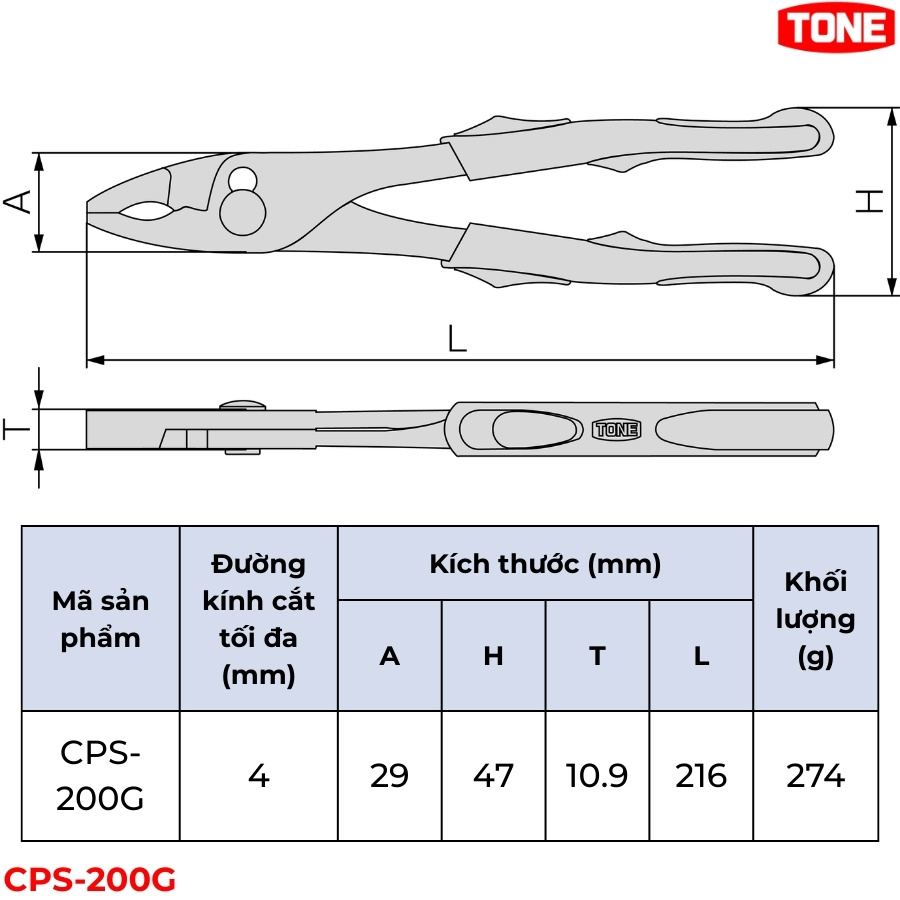 TONE CPS-200G Kìm đa năng mũi mỏng thông số