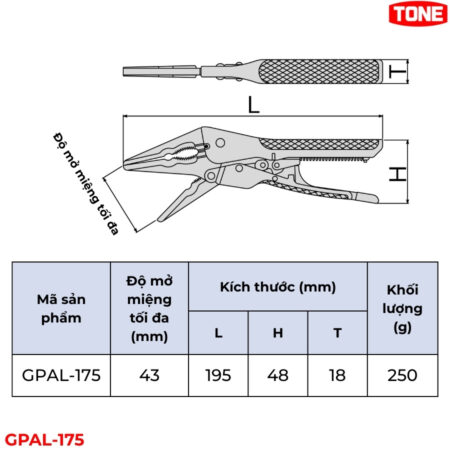 TONE GPAL-175 Kìm bấm chết tự động mũi dài thông số