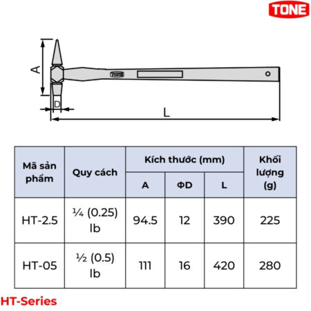 TONE HT-Series Búa kiểm tra kỹ thuật 0.25 - 0.5 lb thông số