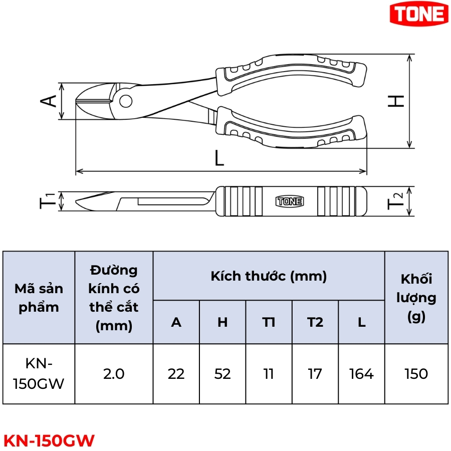 TONE KN-150GW Kìm cắt chéo cường lực chống trượt thông số