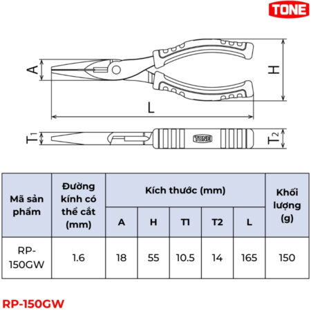 TONE RP-150GW Kìm nhọn chống trượt thông số