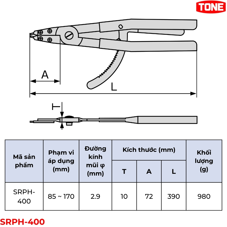 TONE SRPH-400 Kìm mở phe trong mũi thẳng - Loại lớn thông số