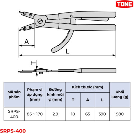TONE SRPS-400 Kìm mở phe ngoài mũi thẳng - Loại lớn thông số