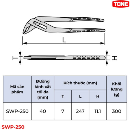 TONE SWP-250 Kìm nước an toàn dạng thanh trượt thông số