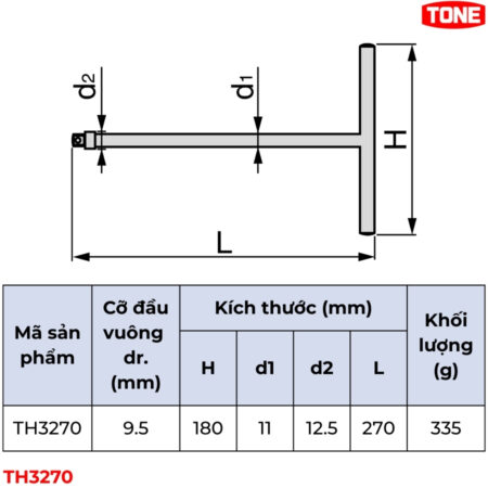 TONE TH3270 Tay vặn chữ T đầu vuông 9.5 mm thông số