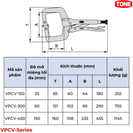 TONE VPCV-Series Kìm bấm chết chữ C có đế xoay thông số
