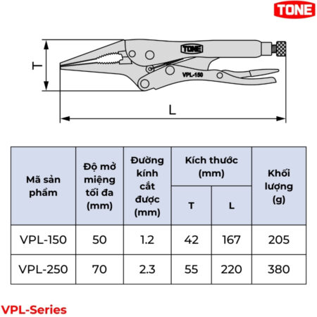 TONE VPL-Series Kìm bấm chết mũi dài thông số