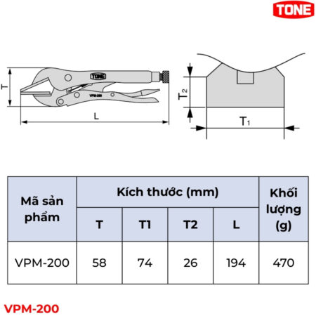TONE VPM-200 Kìm bấm chết dẹt thông số