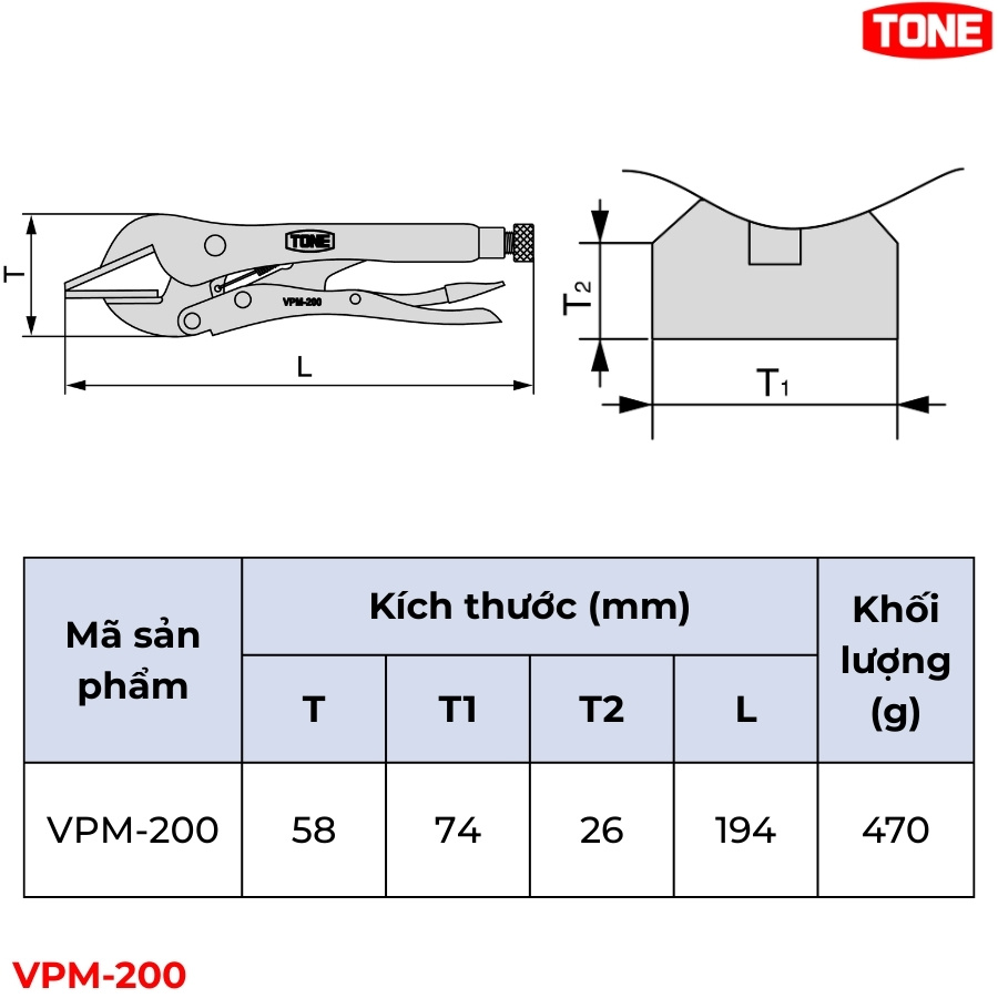 TONE VPM-200 Kìm bấm chết dẹt thông số