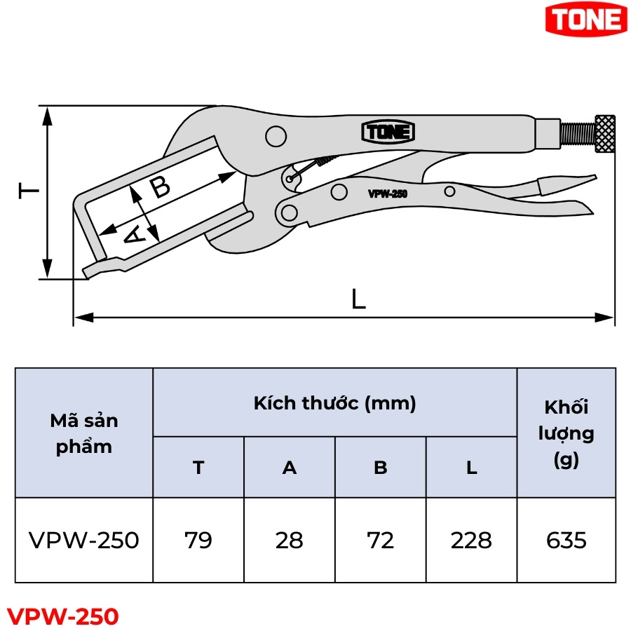 TONE VPW-250 Kìm bấm chết hàn thông số