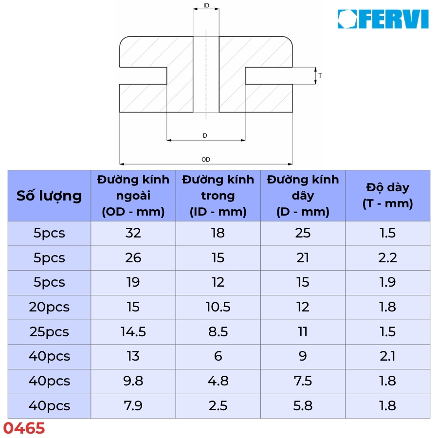 FERVI 0465 Bộ vòng đệm cao su 180 chi tiết thông số