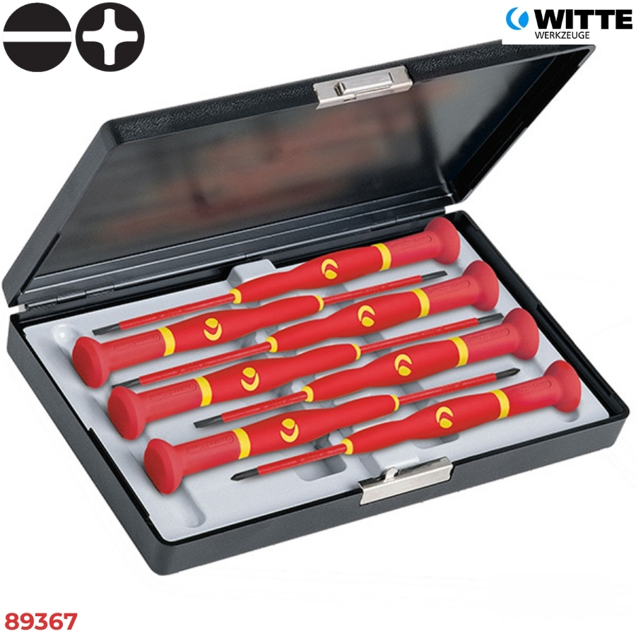 WITTE 89367 Bộ tua vít điện tử cách điện 7 món kèm hộp nhựa (Dẹt & Bake)
