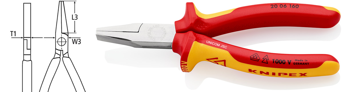 Kìm mỏ dẹt đầu bằng 160 mm cách điện, Knipex 20 06 160