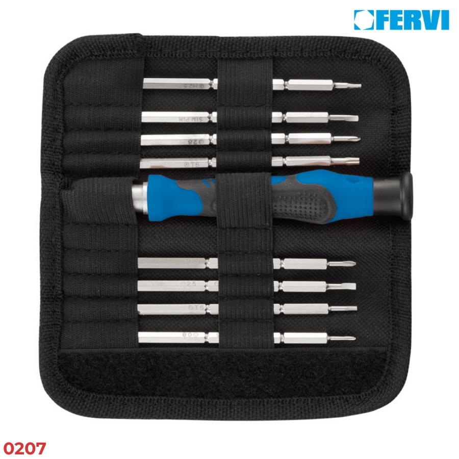 FERVI 0207 Bộ mũi vít 2 đầu kèm tay vặn 9 chi tiết