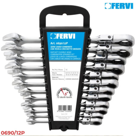 FERVI 0690/12P Bộ cờ lê vòng miệng tự động đầu lắc 12 cây