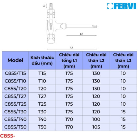 FERVI C855- Lục giác Torx 2 đầu tay cầm nhựa thông số