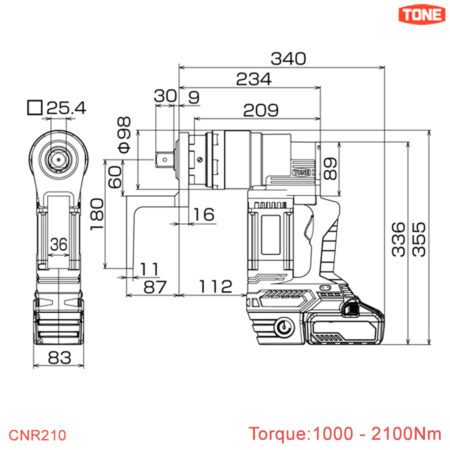 thông số Máy siết lực bulong dùng pin 2100Nm TONE CNR210