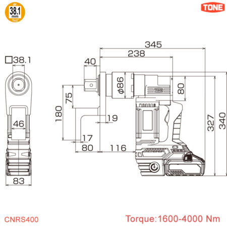 Spec Máy siết đai ốc pin kiểm soát lực 1600-4000 Nm TONE CNRS400