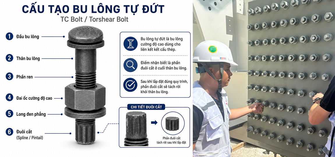 Cấu tạo - Tiêu chuẩn - Ứng dụng bu lông tự đứt cho kết cấu thép
